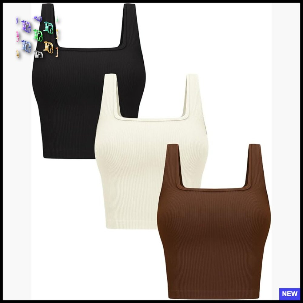 Seamless Ribbed Crop Tank Tops 3 Pack Square Neck Workout Yoga Gym Shirts